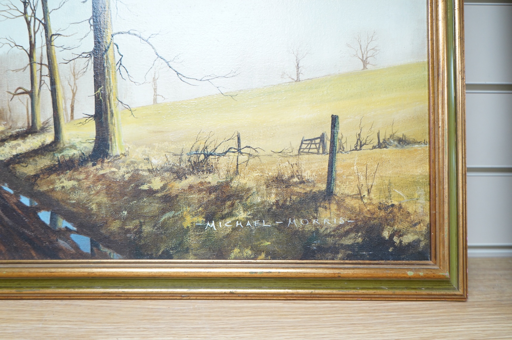 Michael Morris, Rural scene with cottage before trees, signed, oil on canvas, 49 x 75cm
